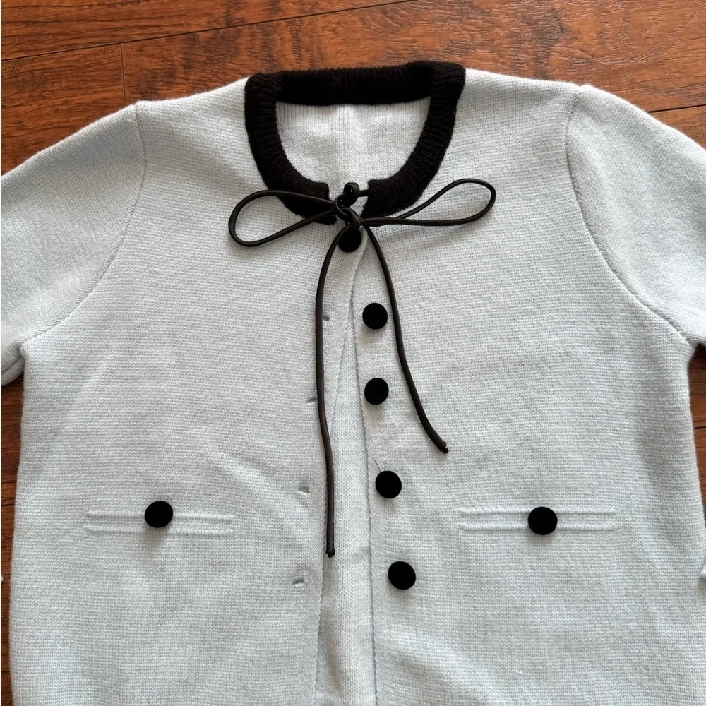 Vintage Knit Light Blue Secretary Style Cardigan with Bow Tie Front | Small